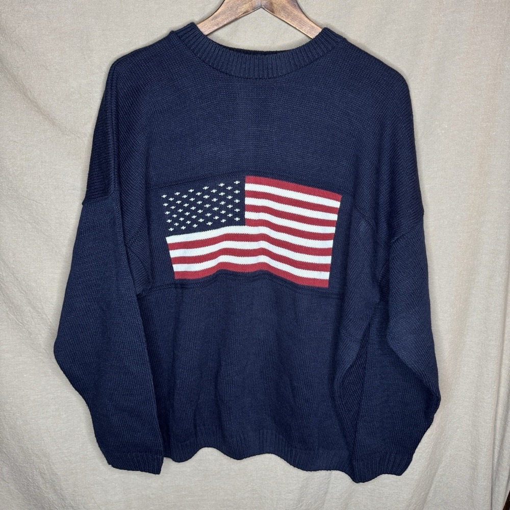 Vintage USA Flag Knit Sweater Preppy Polo Style Top XL America